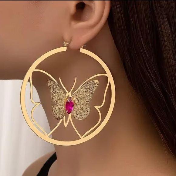 NEW 14k Gold Butterfly Hoop Earrings - Picture 1 of 3